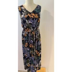 SJS Women’s Maxi Dress XL Tropical Floral Print Sleeveless Stretch Waist
